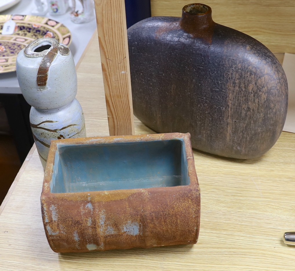 Two Japanese studio pottery vases and a stoneware trough widest vase 35cms